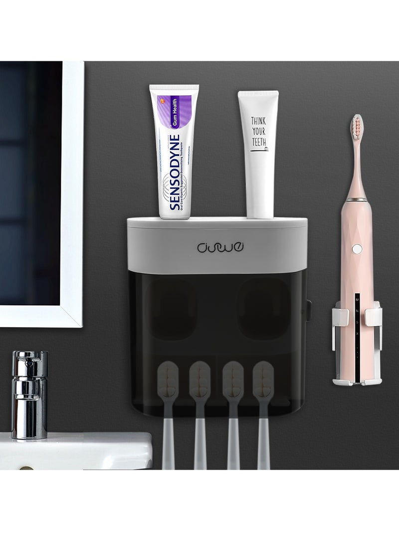 HomKawt Toothbrush Holder Wall Mounted,Automatic Toothpaste Dispenser Toothbrush Organizer With Dustproof Cover,With 4 Toothbrush Slots, 1 electric toothbrush slot，2 Toothpaste Squeezers(No Drill)  - Image 1