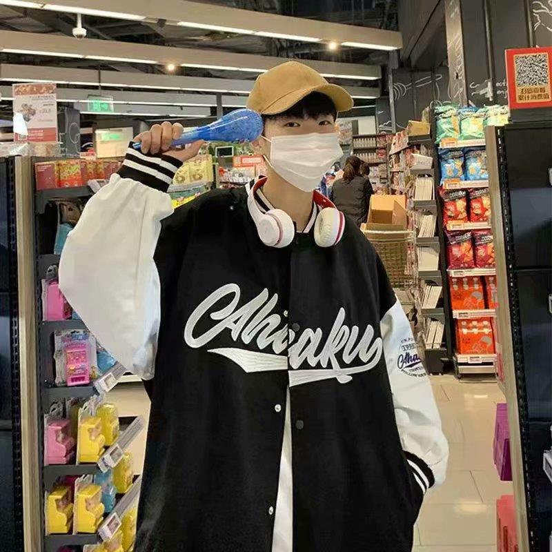 American fashion brand letter stitching baseball uniform hip hop jacket mens spring and autumn ins trendy loose workwear student jacket Black high-end  - Image 1