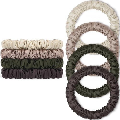 WantGor Scrunchies Hair Ties Silk Satin Scrunchy WantGor Women 4PC Pure Mulberry Silk Skinny Elastic Scrunchies Hair Bands Bracelets Ponytail Holders Hair Accessories BeigeChampagneCoffeeGreygreen - Image 1