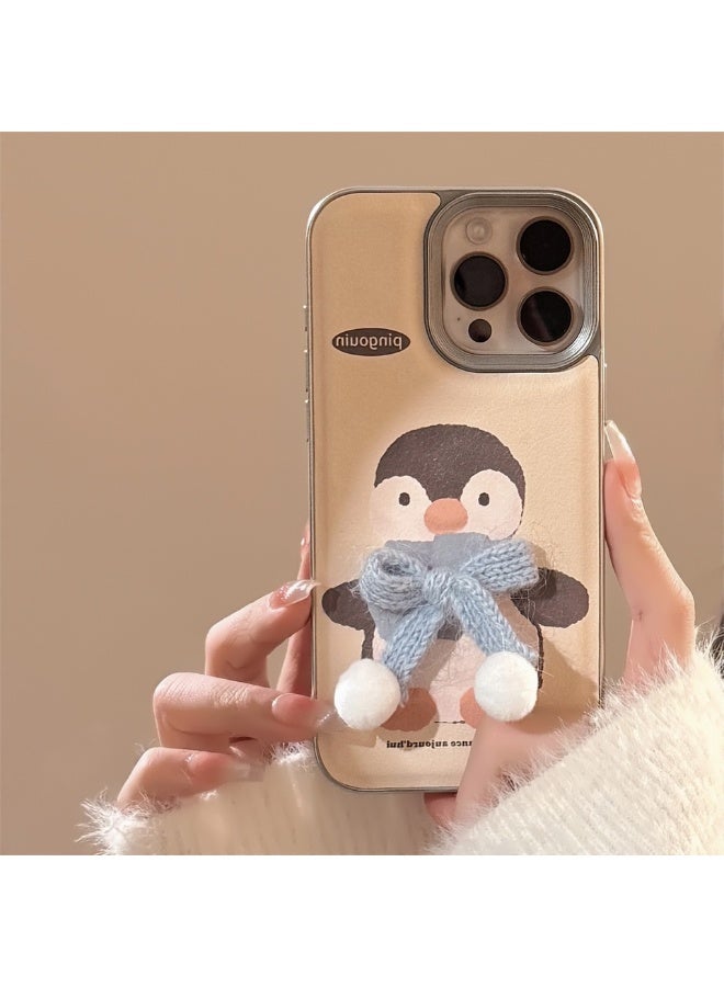 NIBEMINENT Penguin Plush Blue Tie Protective TPU Case Cover For iPhone 15, Matte Silver
