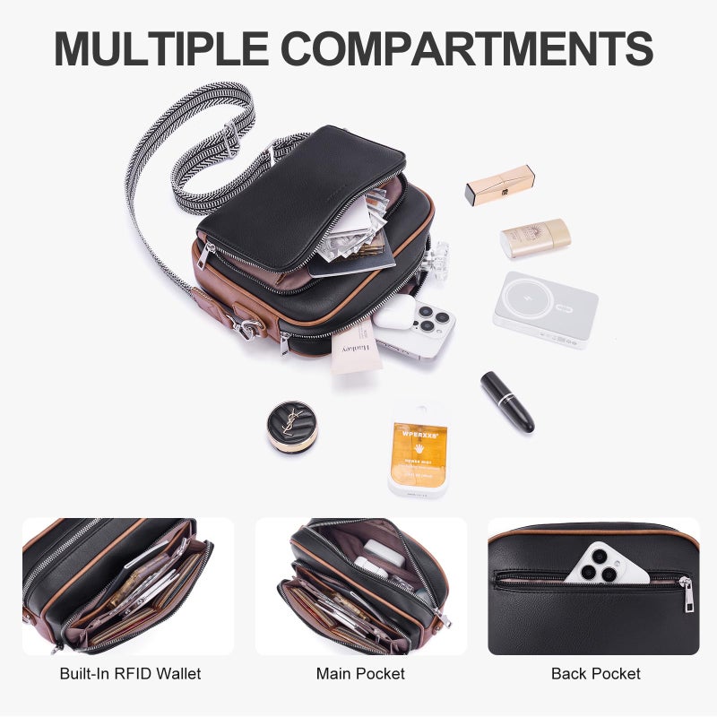 Lexiyat Crossbody Purses for Women Vegan Leather Travel Anti Theft Bags Guitar Strap Shoulder Purse with Built in Wallet Black - Image 3