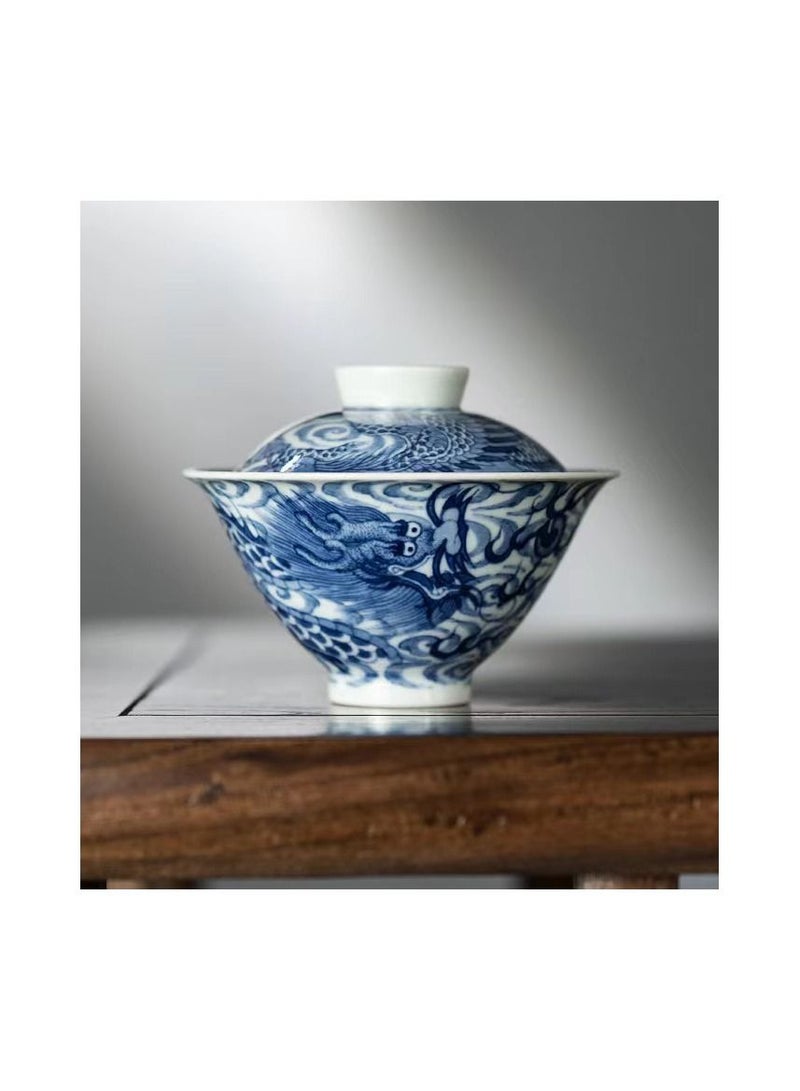 1-Piece Chinese Old Porcelain Blue and White Bowl Tea Set,Chinese Tea Bowl with Cover,Chinese Traditional Handicraft Ceramic Tea Set - Image 3