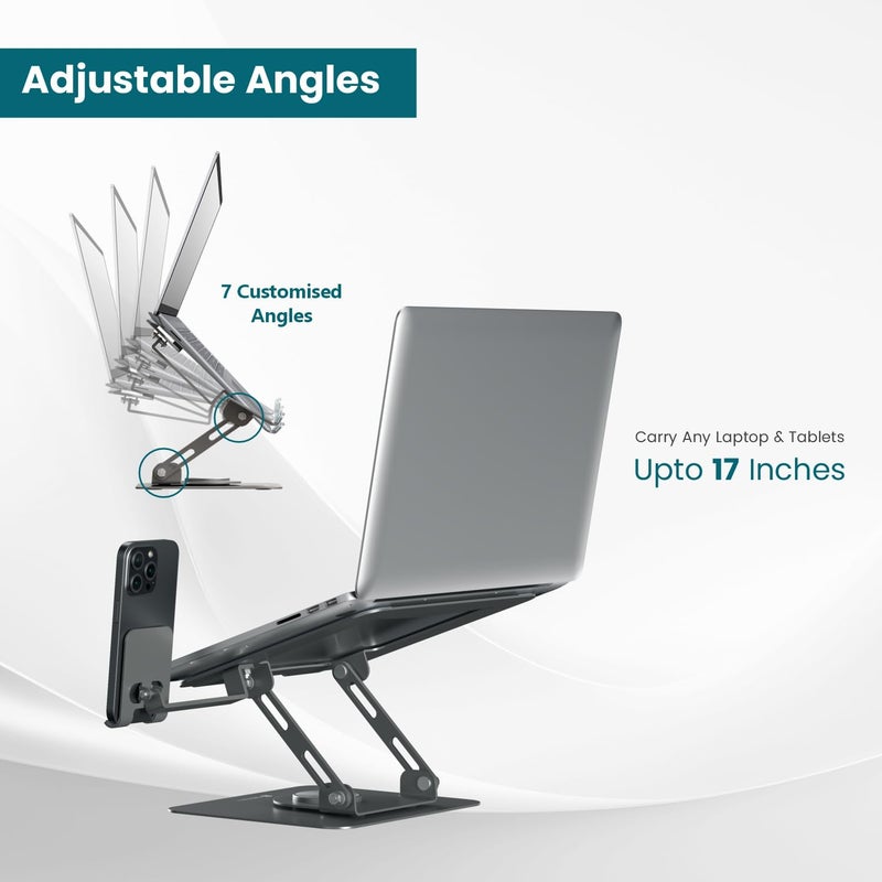 Portronics My Buddy K9 Pro 2-in-1 Laptop & Phone Stand with 360° Rotating Base, Adjustable Height & Angle, Foldable Metal Design, Heat Dissipation, Universal Fit for 10–15.6” Laptops - Image 2