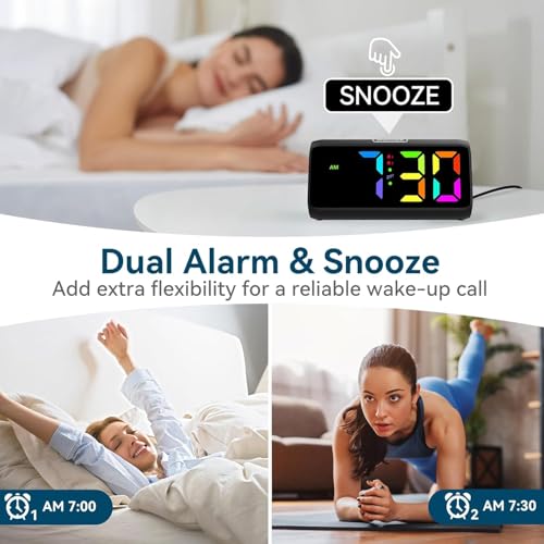 Netzu Loud Alarm Clock for Heavy Sleepers, RGB Alarm Clocks for Bedrooms Seniors Kids, Plug in Digital Clock with 5 Dimmers, 2 Alarms, 4 Volumes and Snooze - Image 4