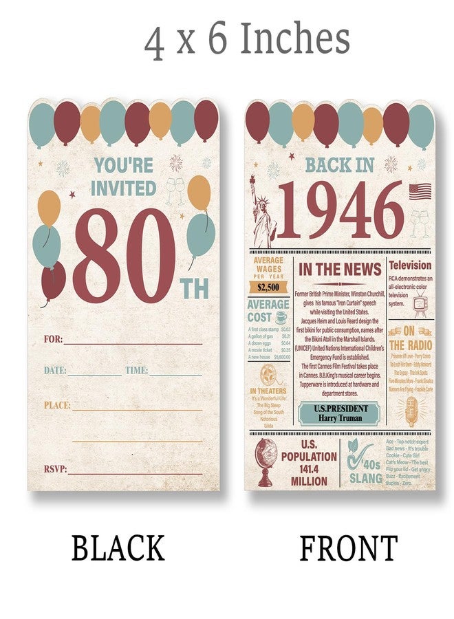 Nurawo Vintage 80th Birthday Party Invitations for Women Men, Back in 1946 Invites, 80 Year Old Birthday Invitations, 20 Fill-in-the-Blank Party Invites with Envelopes - Image 2