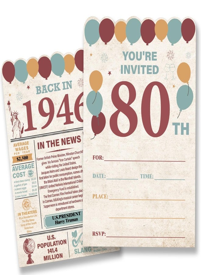 Nurawo Vintage 80th Birthday Party Invitations for Women Men, Back in 1946 Invites, 80 Year Old Birthday Invitations, 20 Fill-in-the-Blank Party Invites with Envelopes - Image 1