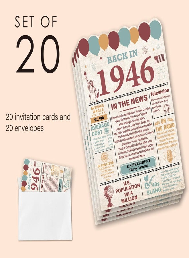 Nurawo Vintage 80th Birthday Party Invitations for Women Men, Back in 1946 Invites, 80 Year Old Birthday Invitations, 20 Fill-in-the-Blank Party Invites with Envelopes - Image 3