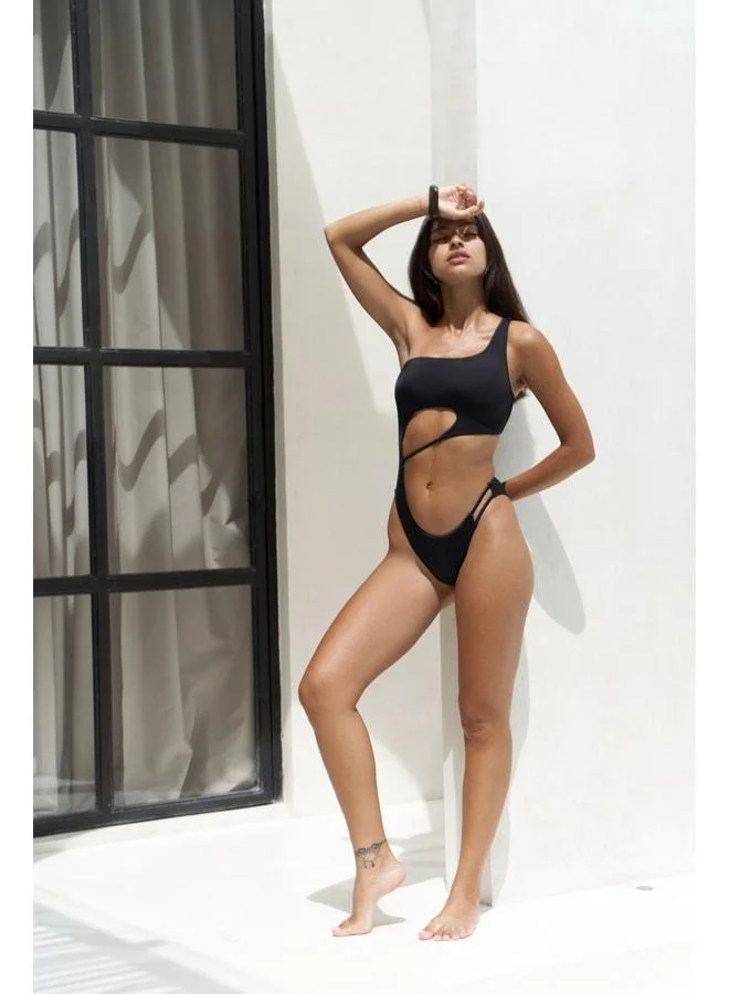 بوهيماي دونالي مونيكيني أسود بكتف واحد غير متماثل.