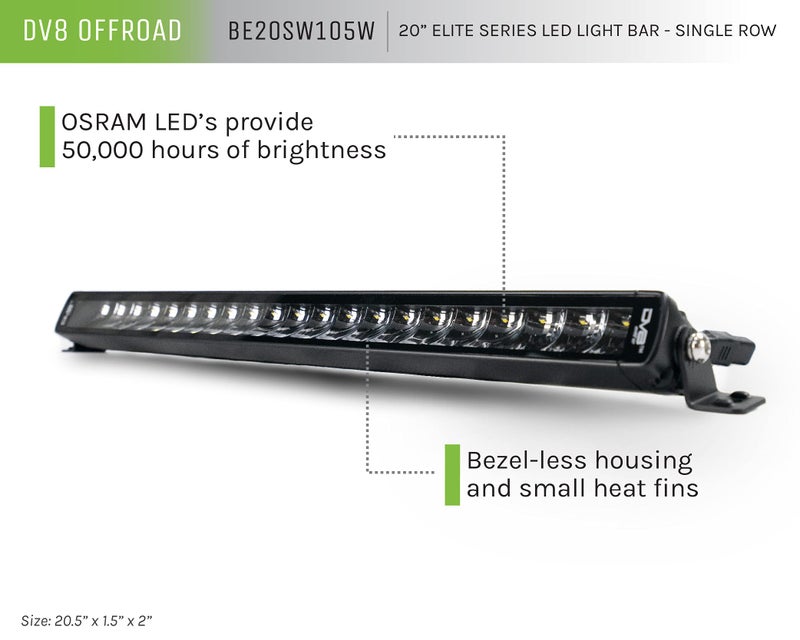 DV8 Offroad | LED Light Bar | 20" Low Profile | 8.820 Lumen from OSRAM LED's | Bezel-Less Housing w/Heat Fins | IP68 Rated UV Resistant Lens | Flood/Spot Pattern | Elite Series BE20SW105W - Image 4