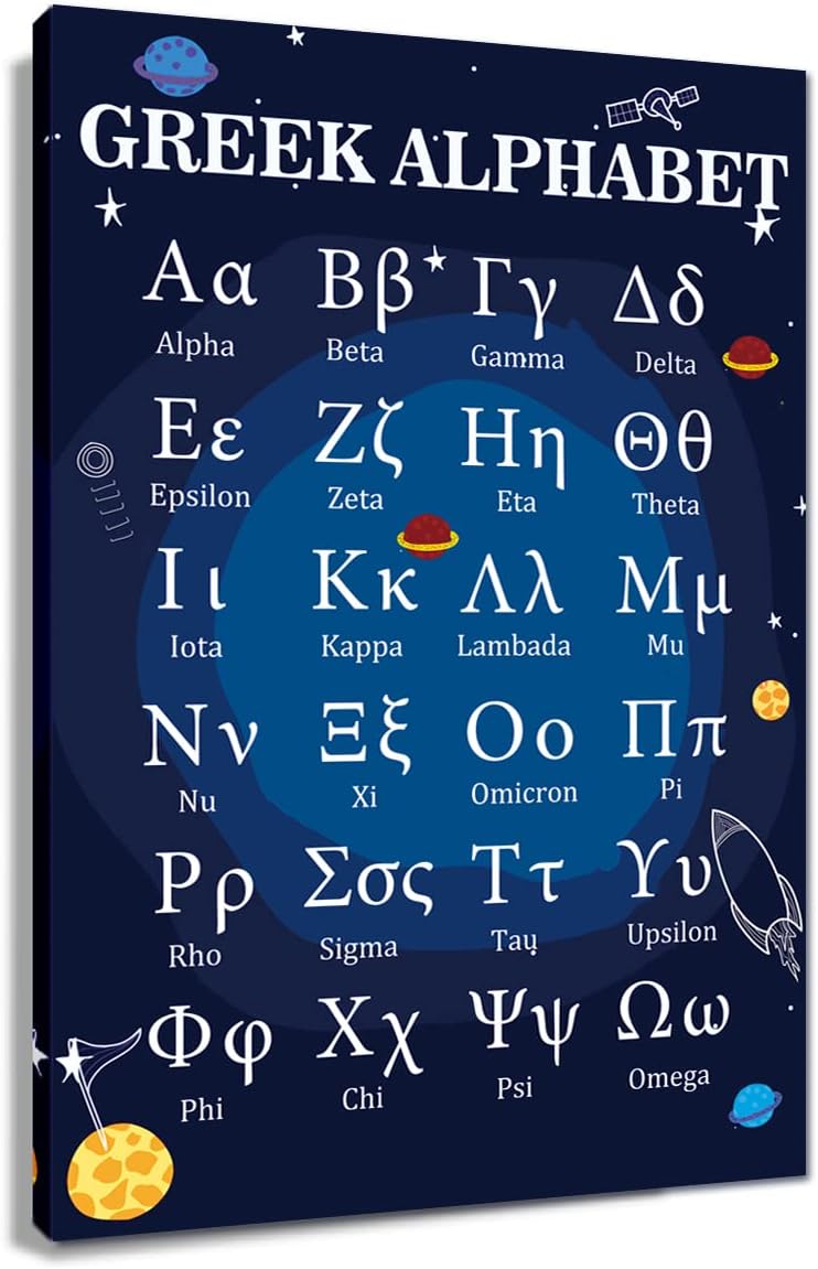 Busmko Educational Greek Alphabet Posters for Classroom Wall Art Prints Canvas Learning Painting Modern Ancient Letters Decor for Bedroom Framed Size 16x24 inch - Image 1