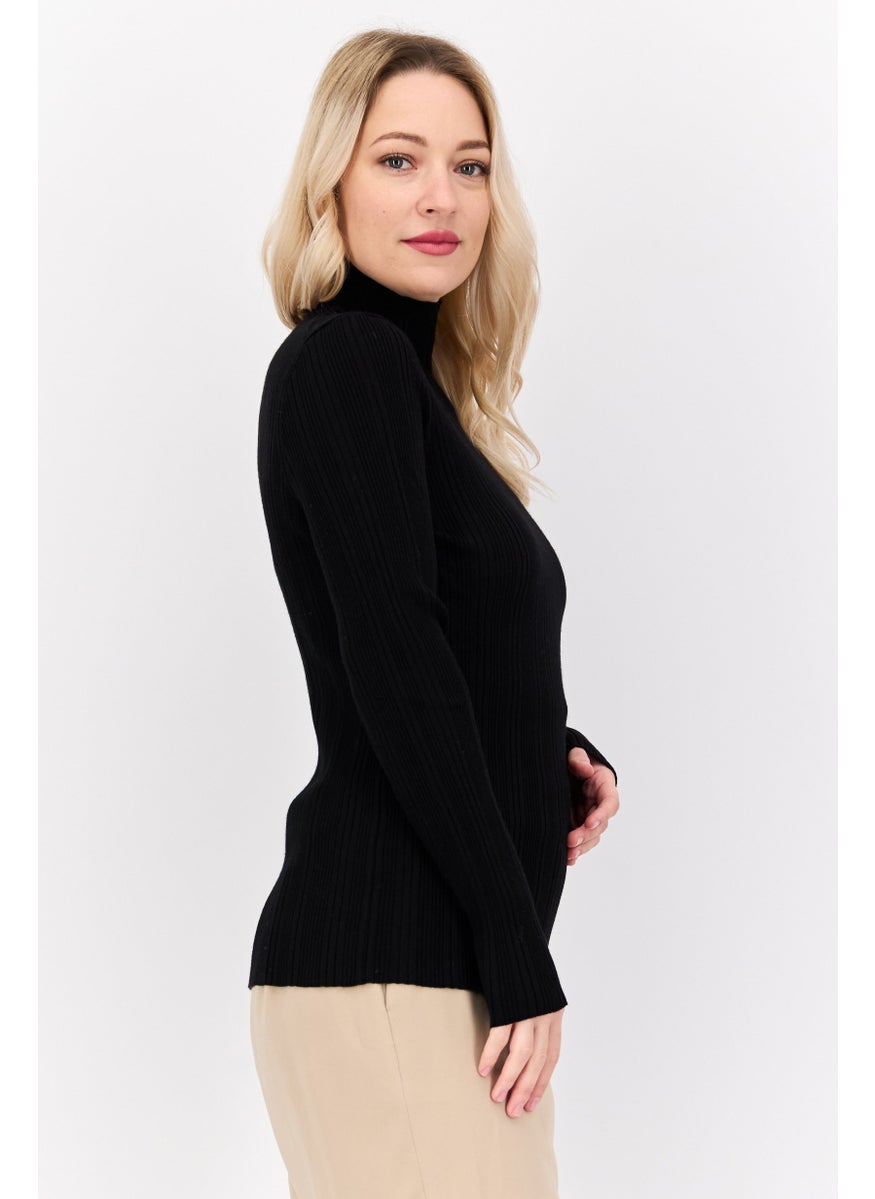 HUGO BOSS Women Mock Neck Long Sleeves Ribbed Top, Black  - Image 2