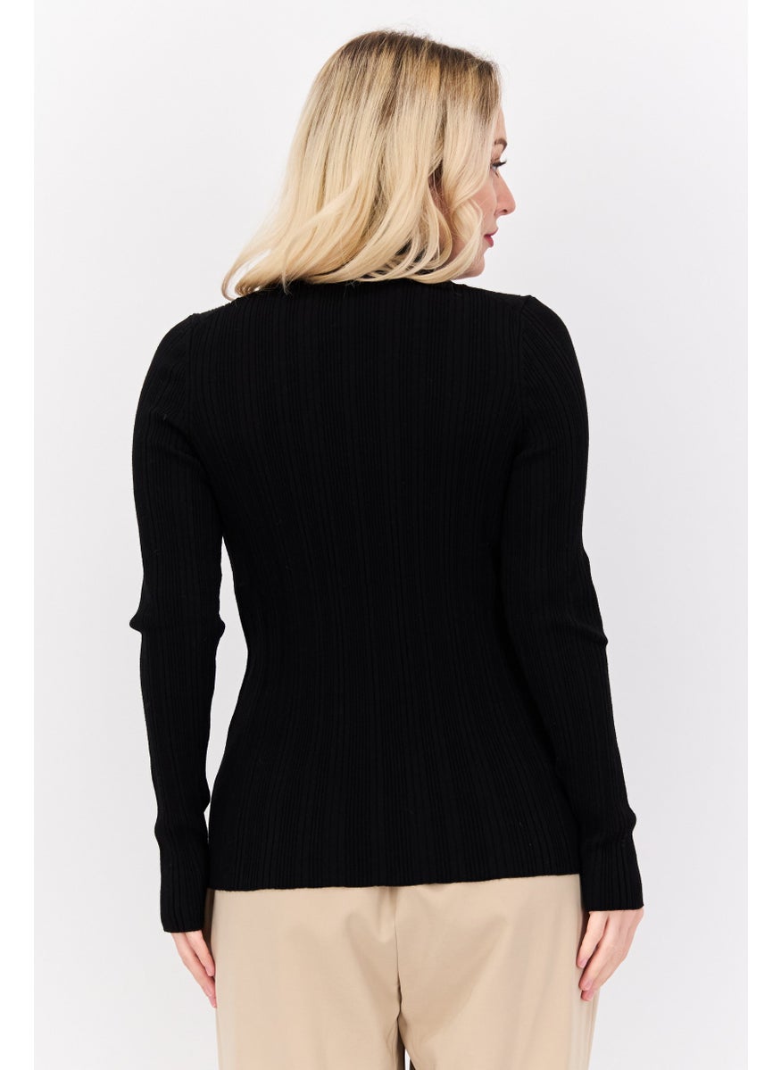 HUGO BOSS Women Mock Neck Long Sleeves Ribbed Top, Black  - Image 3