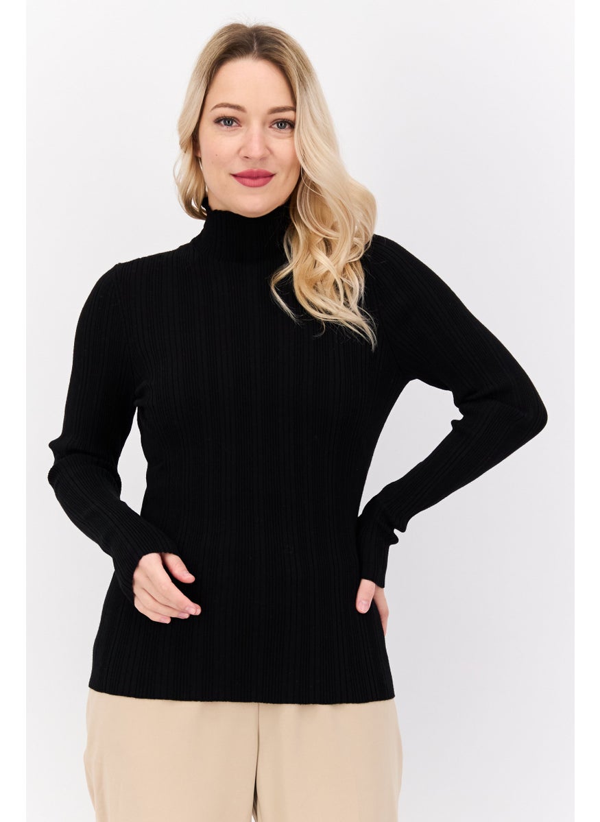 HUGO BOSS Women Mock Neck Long Sleeves Ribbed Top, Black  - Image 1