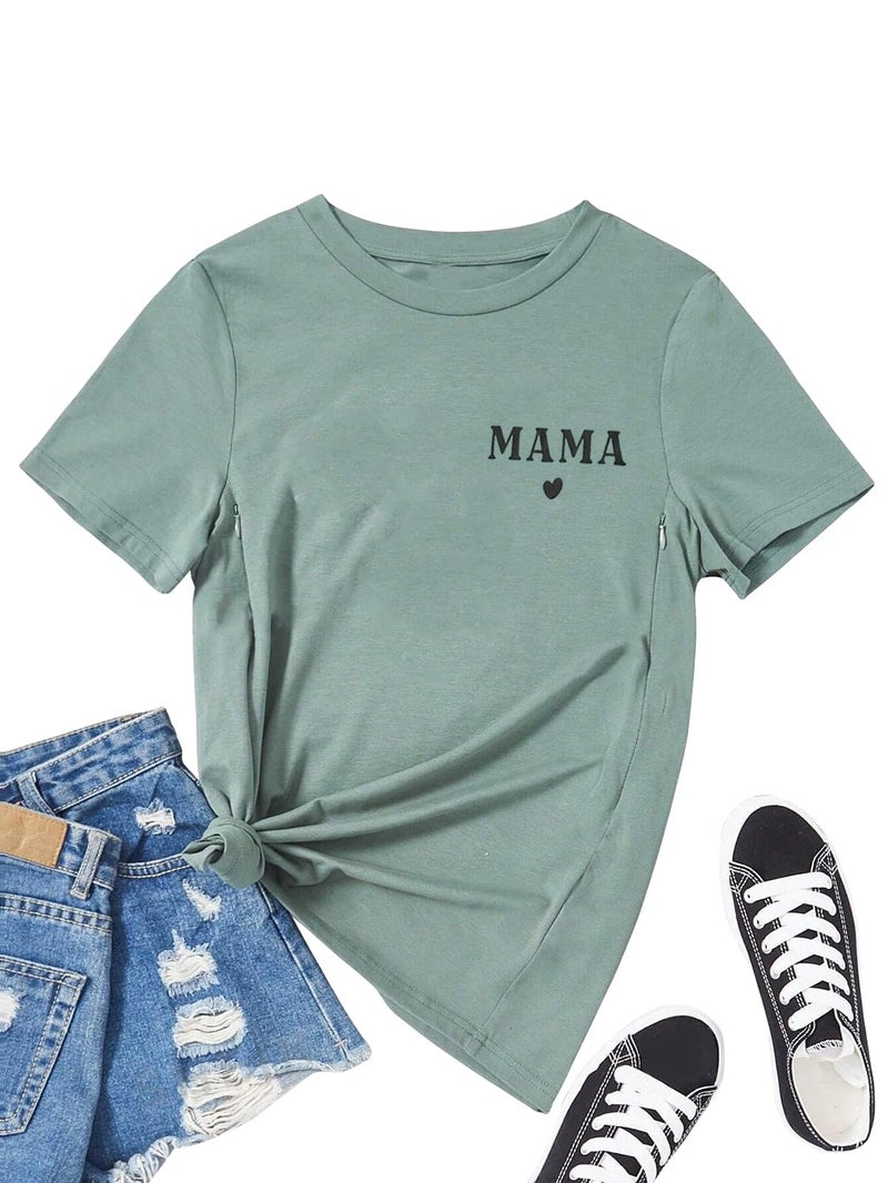 AEARGIV Women Maternity Nursing Shirt Funny Mama Shirt Cute Leopard Heart Graphic Tees Friendly Zip Maternity Breastfeeding Tops(XL, Green 1) - Image 1