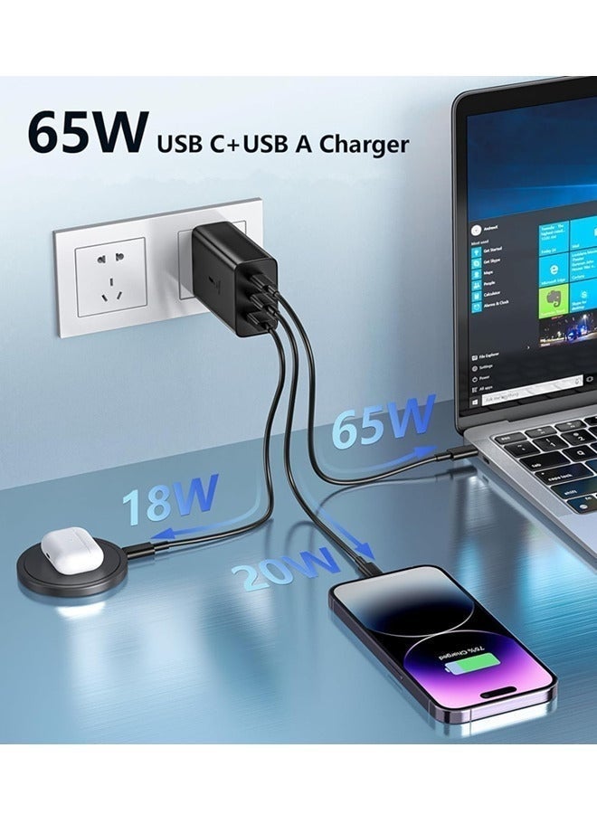 65W 3-Port  Fast Charger with  USB-C to C Cable, PD3.0/PPS/QC3.0 Compatible for MacBook, Samsung, Huawei & More - Black - Image 3