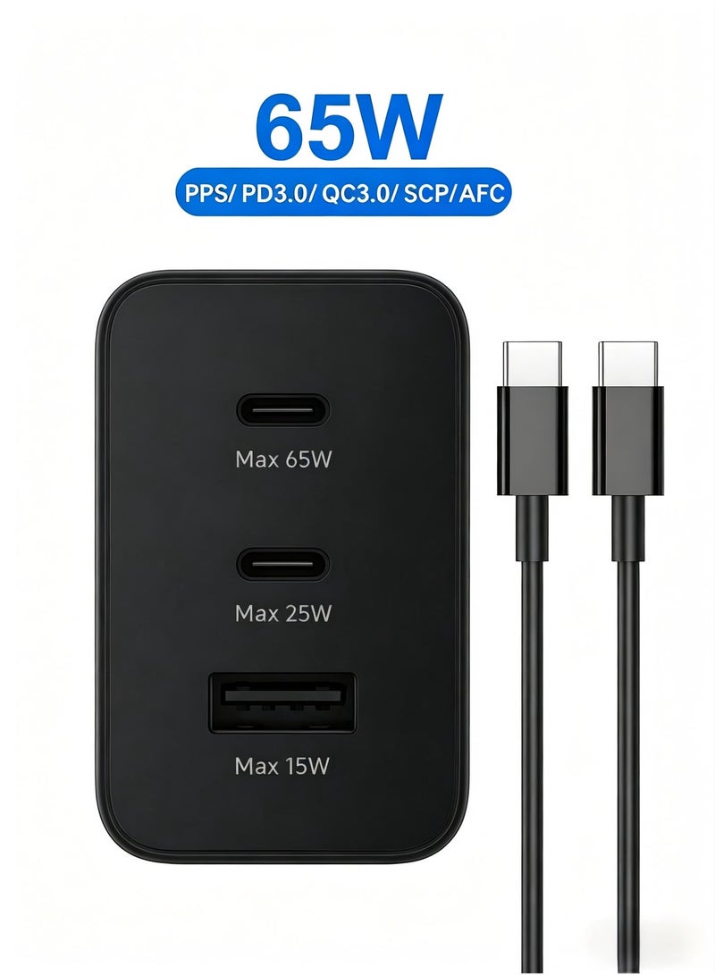 65W 3-Port  Fast Charger with  USB-C to C Cable, PD3.0/PPS/QC3.0 Compatible for MacBook, Samsung, Huawei & More - Black - Image 2
