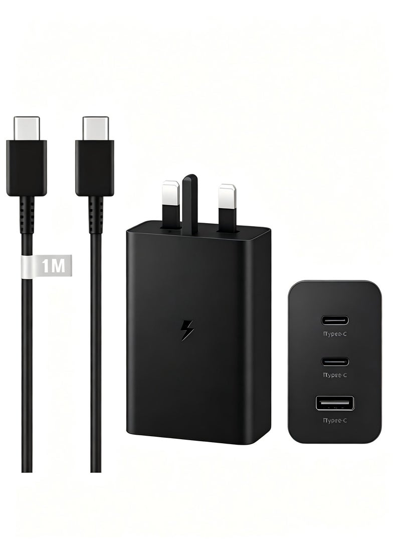 65W 3-Port  Fast Charger with  USB-C to C Cable, PD3.0/PPS/QC3.0 Compatible for MacBook, Samsung, Huawei & More - Black - Image 1