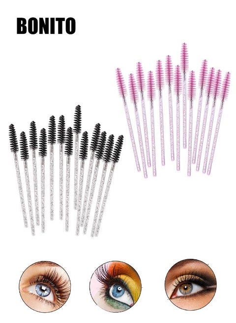 100 Pcs Disposable Mascara Wands with Crystal Handle, Eye Lash/Eyebrow Applicator Makeup Brush Kit, Soft Bendable Spoolies for Eyelash Extensions & Cleaning (Black+pink)