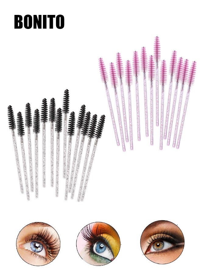 100 Pcs Disposable Mascara Wands with Crystal Handle, Eye Lash/Eyebrow Applicator Makeup Brush Kit, Soft Bendable Spoolies for Eyelash Extensions & Cleaning (Black+pink)