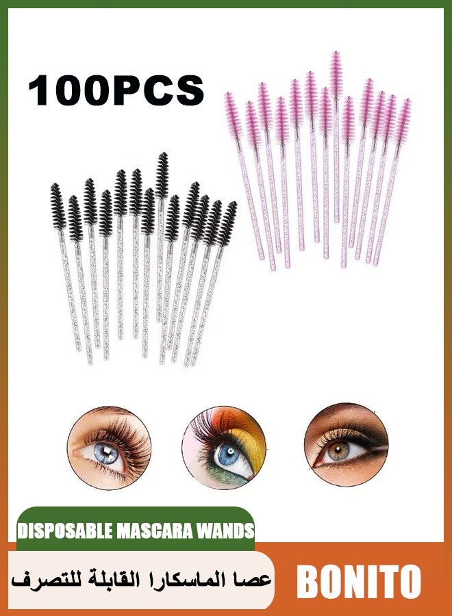 بونيتو 100 قطعة عصا ماسكارا يمكن التخلص منها مع مقبض من الكريستال، مجموعة فرش مكياج للرموش/الحواجب، بكرات ناعمة قابلة للثني لوصلات الرموش والتنظيف (أسود + وردي) - Image 1