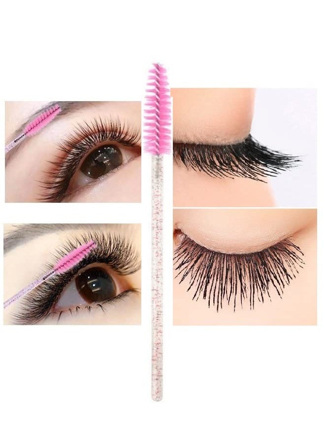 100 Pcs Disposable Mascara Wands with Crystal Handle, Eye Lash/Eyebrow Applicator Makeup Brush Kit, Soft Bendable Spoolies for Eyelash Extensions & Cleaning (Black+pink)