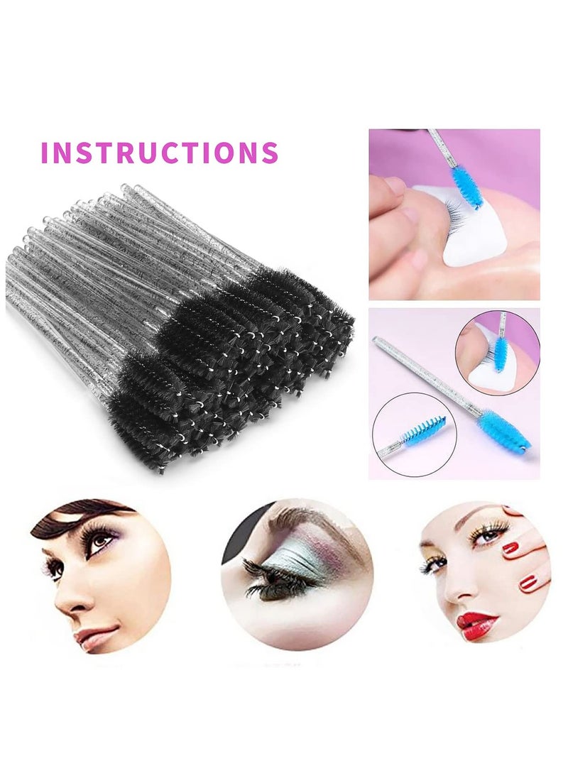 100 Pcs Disposable Mascara Wands with Crystal Handle, Eye Lash/Eyebrow Applicator Makeup Brush Kit, Soft Bendable Spoolies for Eyelash Extensions & Cleaning (Black+pink)