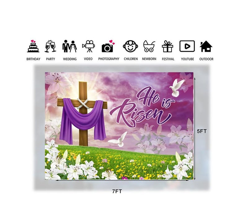 LTLYH 7x5ft He is Risen Easter Backdrop Christian Resurrection Photography Background with Cross Lilies and Dove for Church Sunday School Religious Photo Booth Decor 259 - Image 3