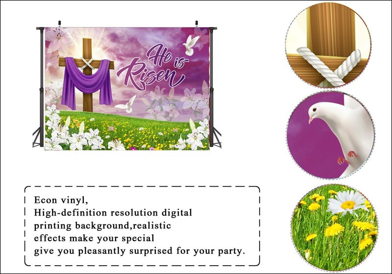 LTLYH 7x5ft He is Risen Easter Backdrop Christian Resurrection Photography Background with Cross Lilies and Dove for Church Sunday School Religious Photo Booth Decor 259 - Image 2