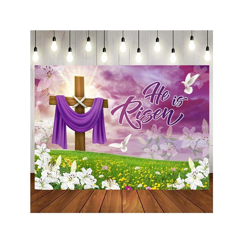 LTLYH 7x5ft He is Risen Easter Backdrop Christian Resurrection Photography Background with Cross Lilies and Dove for Church Sunday School Religious Photo Booth Decor 259 - Image 1