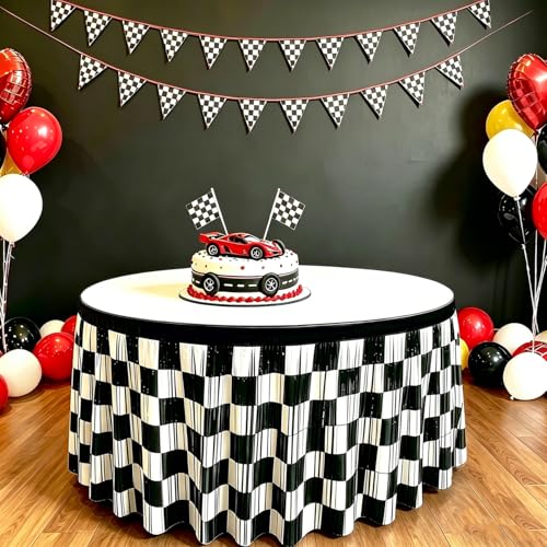 partyzoa Race Car Metallic Foil Tinsel Fringe Table Skirt Birthday Party Decorations, 2 Pack 29.5 x 108 Inch Black White Checkered Table Streamers Curtains Skirts for Rectangle Round Table Racing Party Decor - Image 3