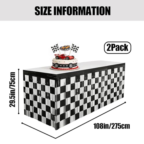 partyzoa Race Car Metallic Foil Tinsel Fringe Table Skirt Birthday Party Decorations, 2 Pack 29.5 x 108 Inch Black White Checkered Table Streamers Curtains Skirts for Rectangle Round Table Racing Party Decor - Image 4