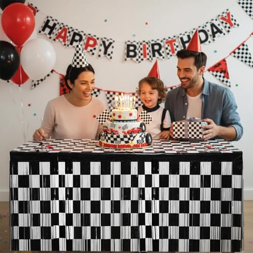 partyzoa Race Car Metallic Foil Tinsel Fringe Table Skirt Birthday Party Decorations, 2 Pack 29.5 x 108 Inch Black White Checkered Table Streamers Curtains Skirts for Rectangle Round Table Racing Party Decor - Image 2