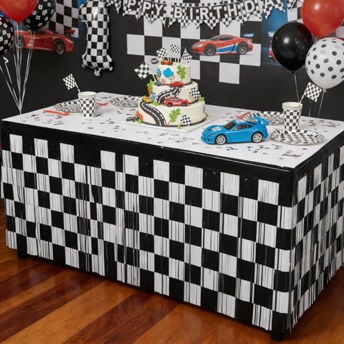 partyzoa Race Car Metallic Foil Tinsel Fringe Table Skirt Birthday Party Decorations, 2 Pack 29.5 x 108 Inch Black White Checkered Table Streamers Curtains Skirts for Rectangle Round Table Racing Party Decor - Image 1