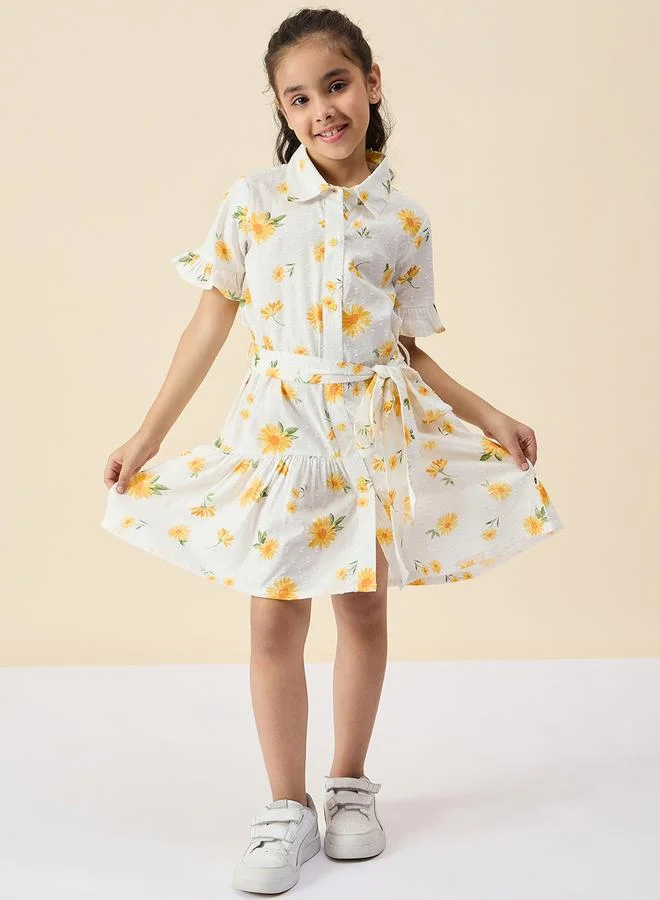 Stylo Bug Girls Floral Printed Textured Collared Dress