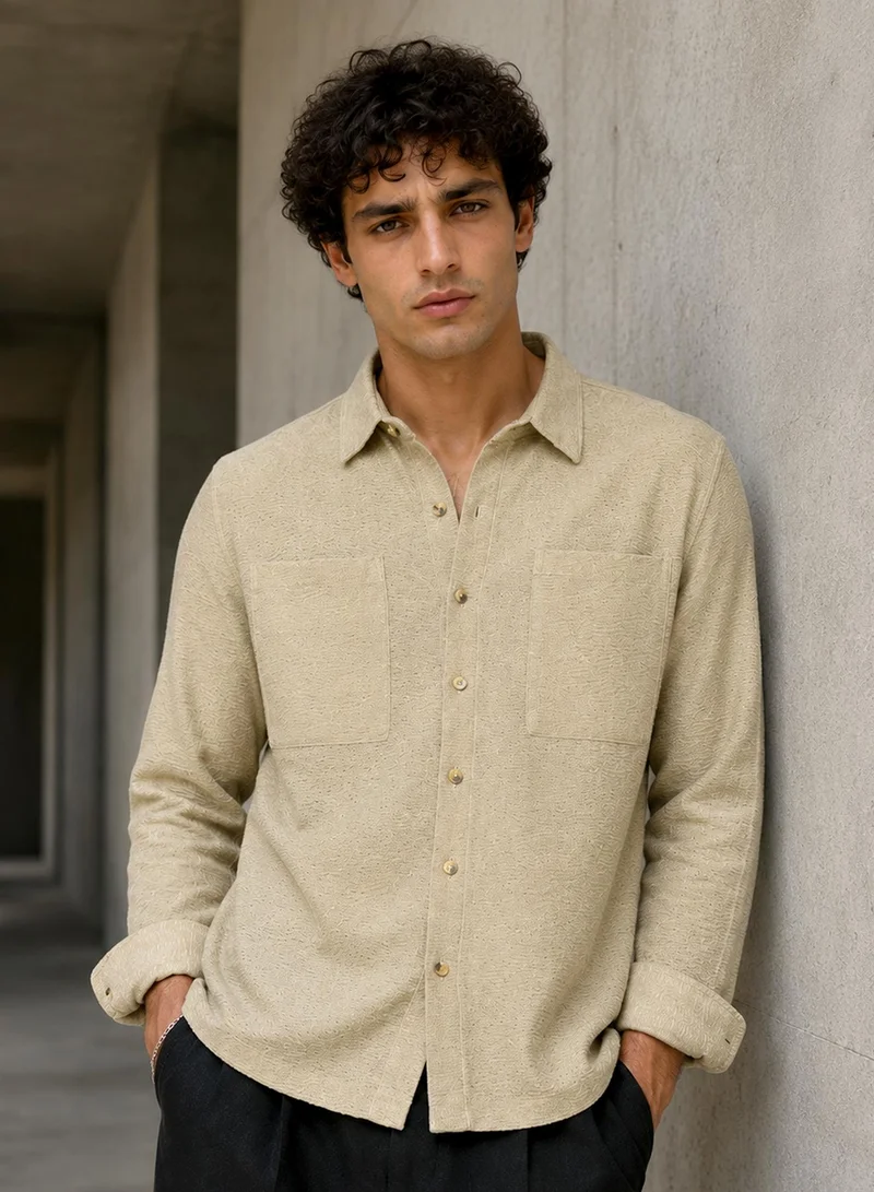 CAHOOT Cahoot Men's Beige Jacquard Cotton Blend Shirt