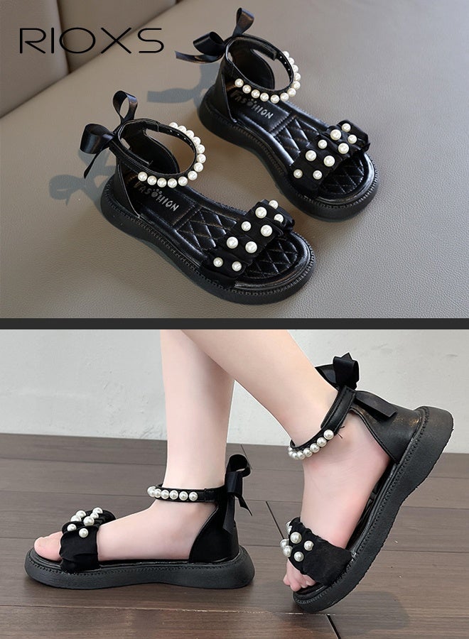 ريوكس الصنادل المسطحة للفتيات الصغيرات، صنادل أميرة الموضة مع شرائط اللؤلؤ، أحذية أصابع القدم المفتوحة للفتيات، الصنادل غير الزلقة خفيفة الوزن للمشي، الصنادل الحزبية للفتيات، الصنادل الصيفية للأطفال الصغار/الأطفال الكبار، الصنادل درسي الأسود - Image 3