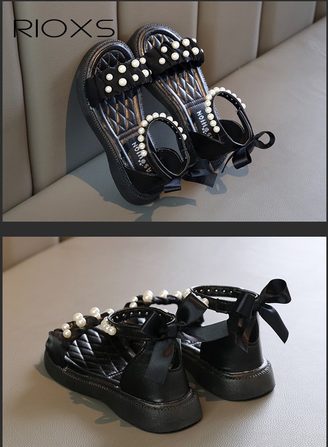 ريوكس الصنادل المسطحة للفتيات الصغيرات، صنادل أميرة الموضة مع شرائط اللؤلؤ، أحذية أصابع القدم المفتوحة للفتيات، الصنادل غير الزلقة خفيفة الوزن للمشي، الصنادل الحزبية للفتيات، الصنادل الصيفية للأطفال الصغار/الأطفال الكبار، الصنادل درسي الأسود - Image 4