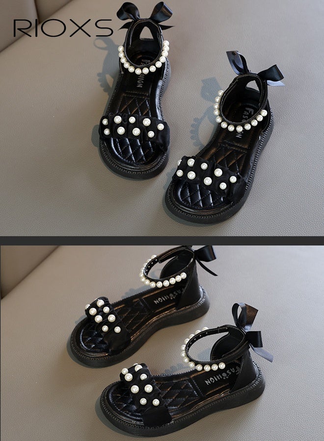 ريوكس الصنادل المسطحة للفتيات الصغيرات، صنادل أميرة الموضة مع شرائط اللؤلؤ، أحذية أصابع القدم المفتوحة للفتيات، الصنادل غير الزلقة خفيفة الوزن للمشي، الصنادل الحزبية للفتيات، الصنادل الصيفية للأطفال الصغار/الأطفال الكبار، الصنادل درسي الأسود - Image 5