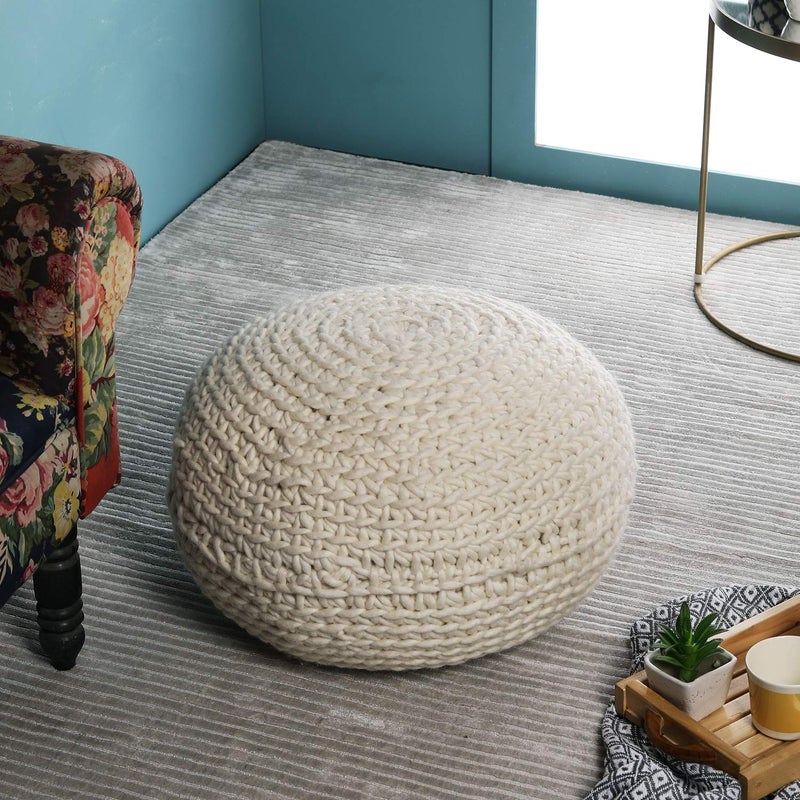PEQURA PEQURA Beige Cotton Hand Knitted Bean Round Pouf - Image 2