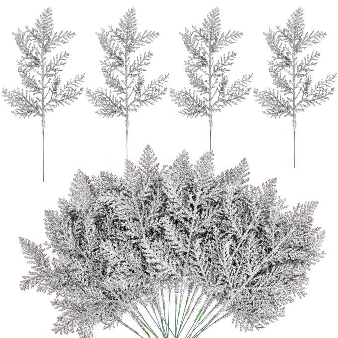 30 PCS GLITTER ARTIFICIAL PINE NEEDLES106 INCH FAKE FOLIAGE PINE STEMS PICKS FOR DIY GARLAND WREATH CHRISTMAS EMBELLISHING AND HOME GARDEN DECORATION SILVER