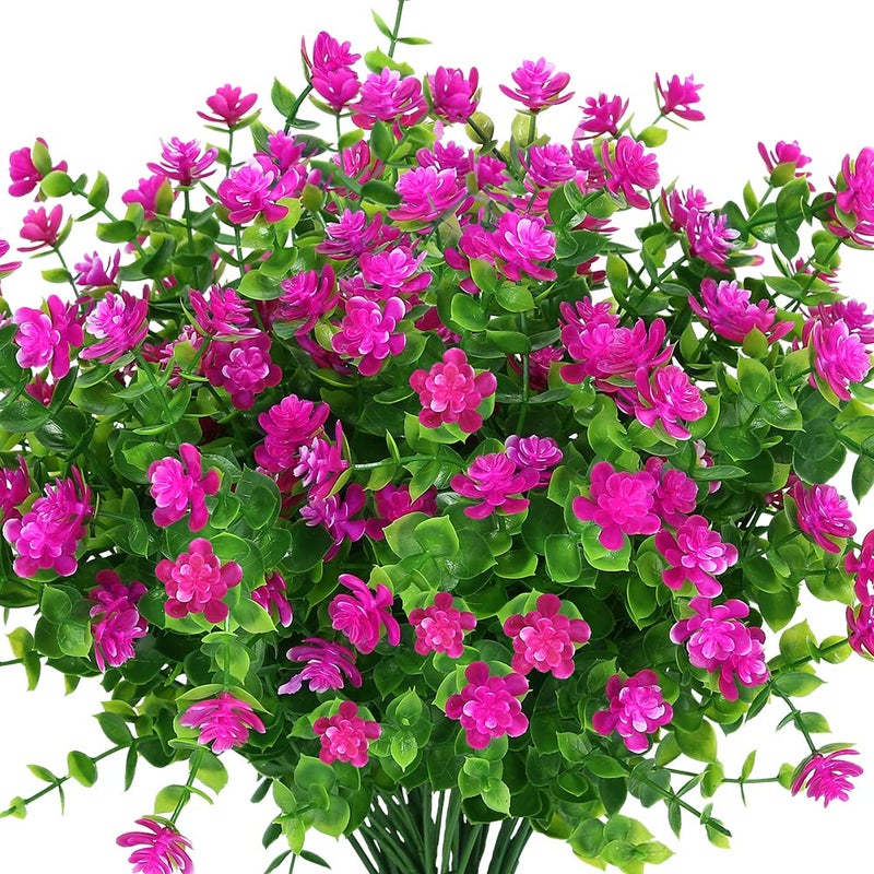 KLEMOO 24 Bundles Outdoor Artificial Fake Flowers UV Resistant No Fade Boxwood Faux Plastic Plants for Garden Patio Porch Window Box Home Wedding Farmhouse Dcor Fushia