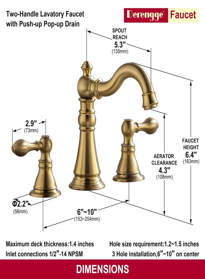 Derengge Two Handle Bathroom Sink Faucet 3 Hole Brushed Gold with Pop up Drain,High Arc Lavatory 8 Inch Widespread Bathroom Faucet, F-8805-BG - Image 5