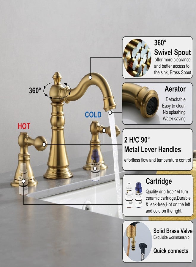 Derengge Two Handle Bathroom Sink Faucet 3 Hole Brushed Gold with Pop up Drain,High Arc Lavatory 8 Inch Widespread Bathroom Faucet, F-8805-BG - Image 3