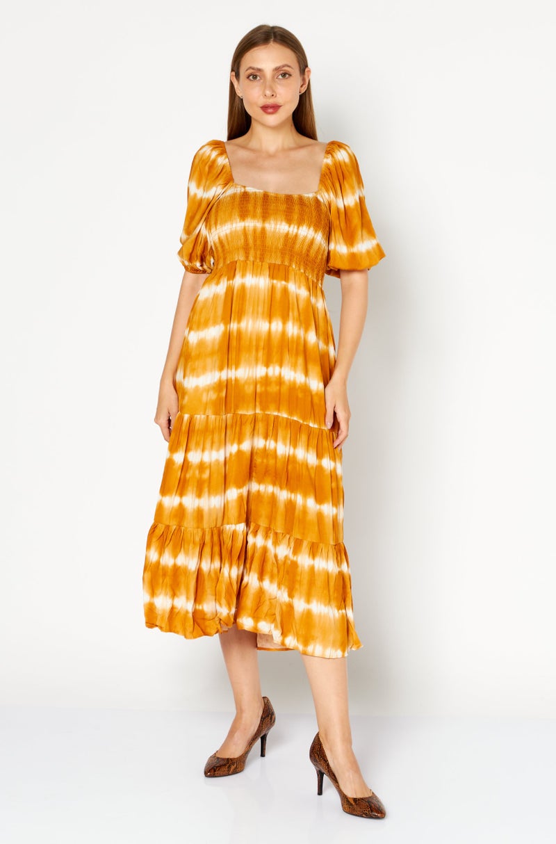 O P T Women Tie Dye Print Maxi Dress, Mustard - Image 1