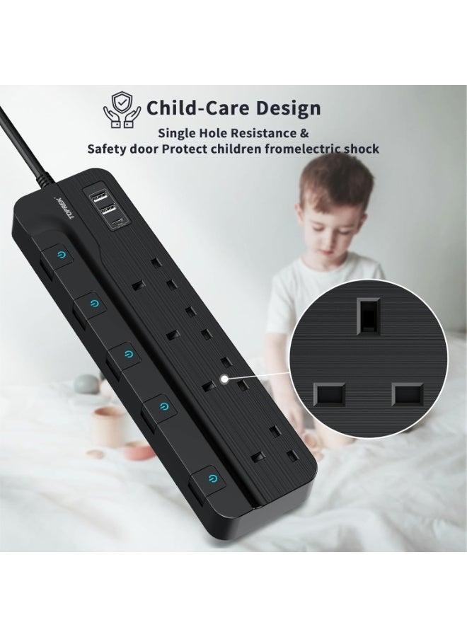 TOPREK 4 Plug Extension Lead with Ultra Wide Pitch Socket, Individual Switches Lights with 2 USB-A, 1 USB-C, 13A/3250W Overload Protection Extension Cable with USB Ports, 2M Extension Cord - Image 2