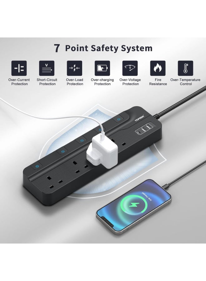 TOPREK 4 Plug Extension Lead with Ultra Wide Pitch Socket, Individual Switches Lights with 2 USB-A, 1 USB-C, 13A/3250W Overload Protection Extension Cable with USB Ports, 2M Extension Cord - Image 4