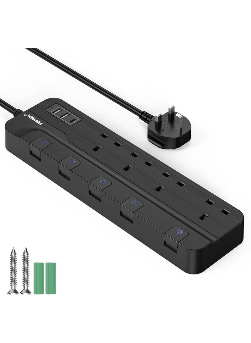 TOPREK 4 Plug Extension Lead with Ultra Wide Pitch Socket, Individual Switches Lights with 2 USB-A, 1 USB-C, 13A/3250W Overload Protection Extension Cable with USB Ports, 2M Extension Cord - Image 1