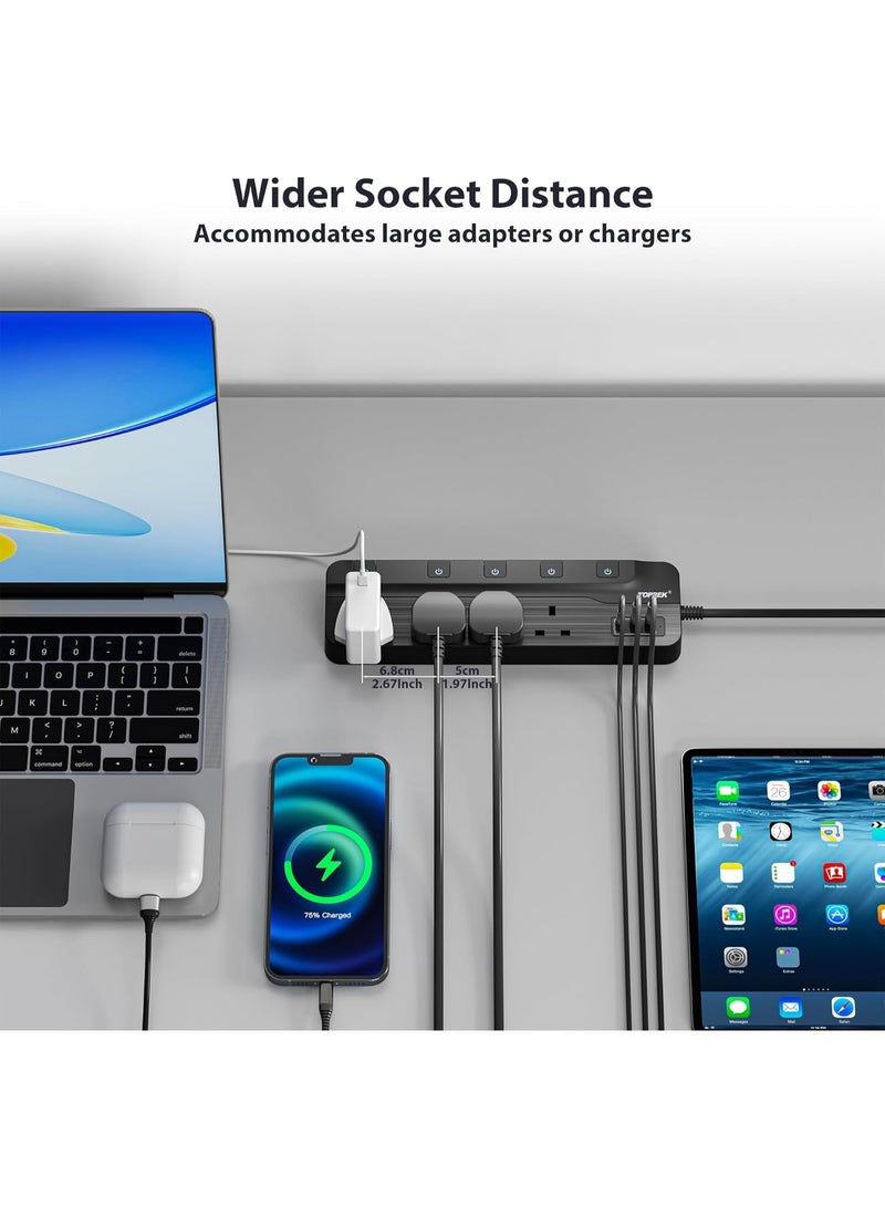 TOPREK 4 Plug Extension Lead with Ultra Wide Pitch Socket, Individual Switches Lights with 2 USB-A, 1 USB-C, 13A/3250W Overload Protection Extension Cable with USB Ports, 2M Extension Cord - Image 5