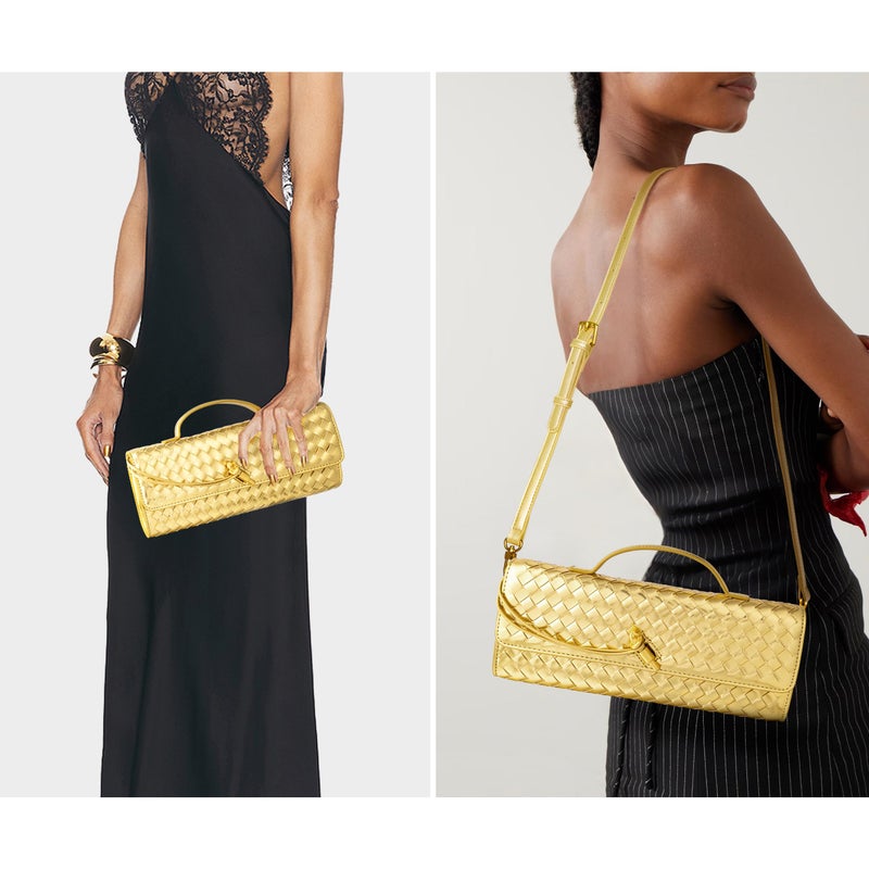 Joryin Woven Purse for Women Evening Clutch Woven Leather Handbags Crossbody Bag Purse Formal Evening Bag, Golden - Image 2