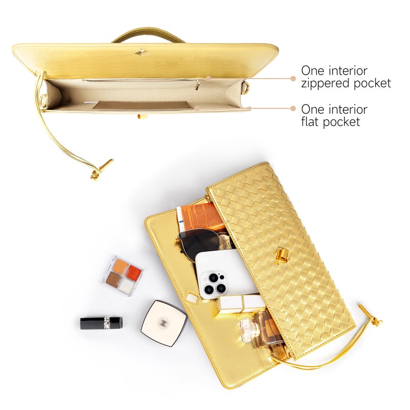 Joryin Woven Purse for Women Evening Clutch Woven Leather Handbags Crossbody Bag Purse Formal Evening Bag, Golden - Image 5